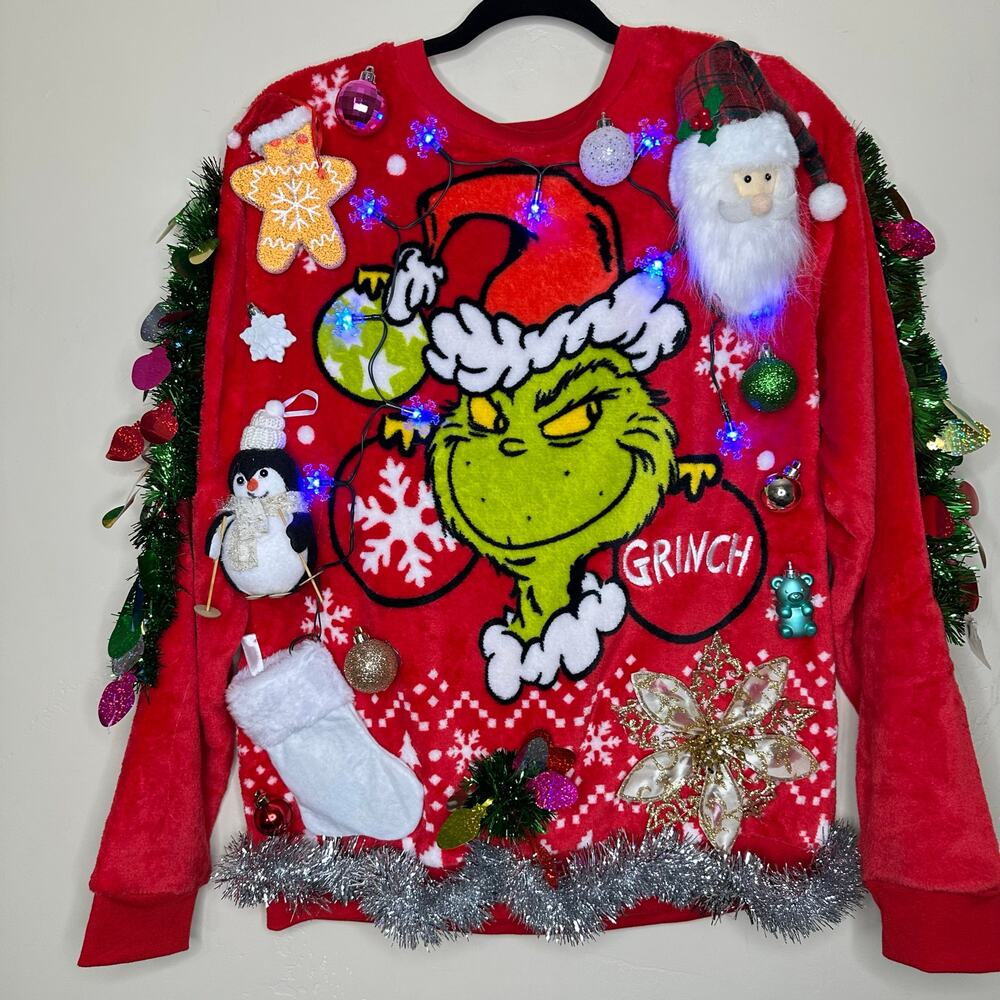 Ugly Christmas Sweater Grinch LIGHTS UP Tinsel Xmas Party Winner Size Medium
